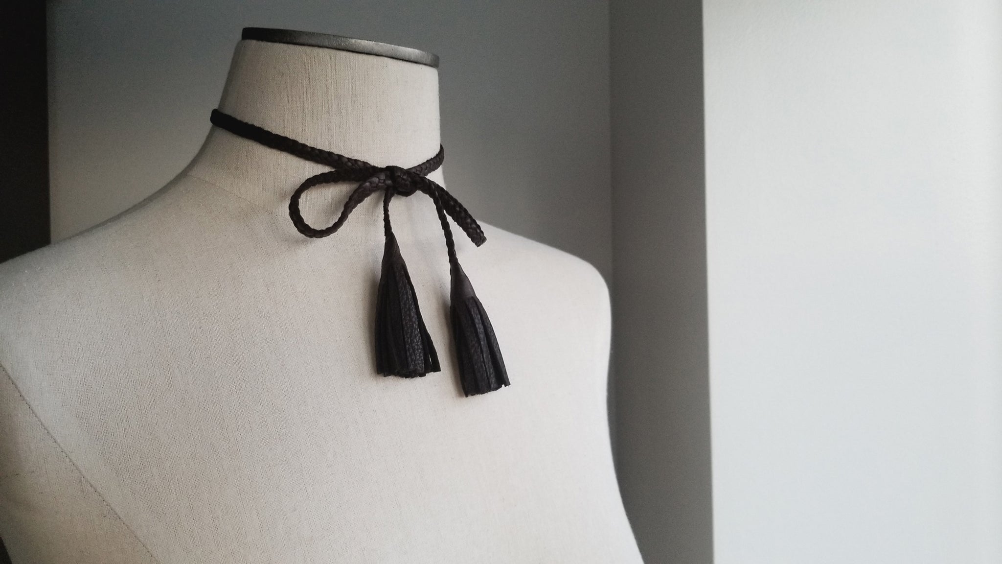 Dua Braided Leather Tassel Necklace, bow and tassels, in chocolate brown deerskin leather