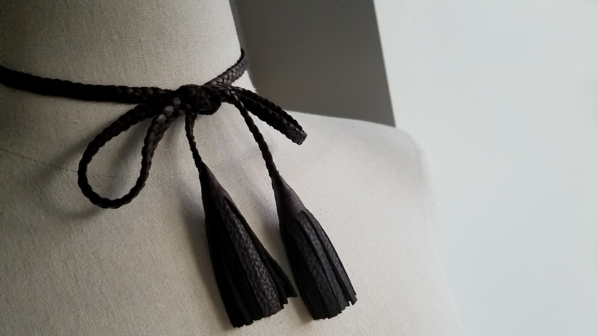 Dua Braided Leather Tassel Necklace, bow and tassels, in chocolate brown deerskin leather