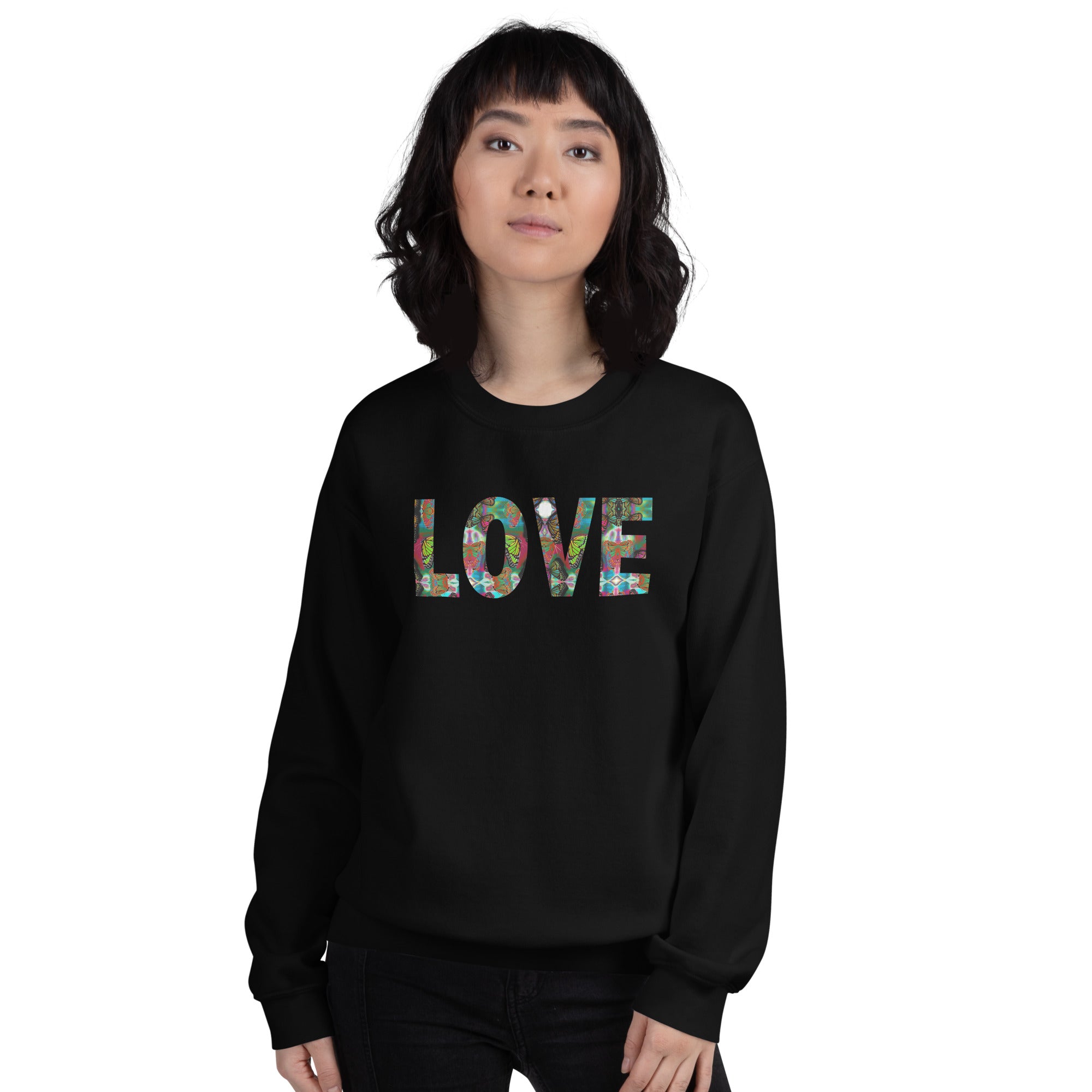 LOVE ~ Butterfly Word Art Crew Neck Graphic Sweatshirt, Women's Unisex Fleece Top