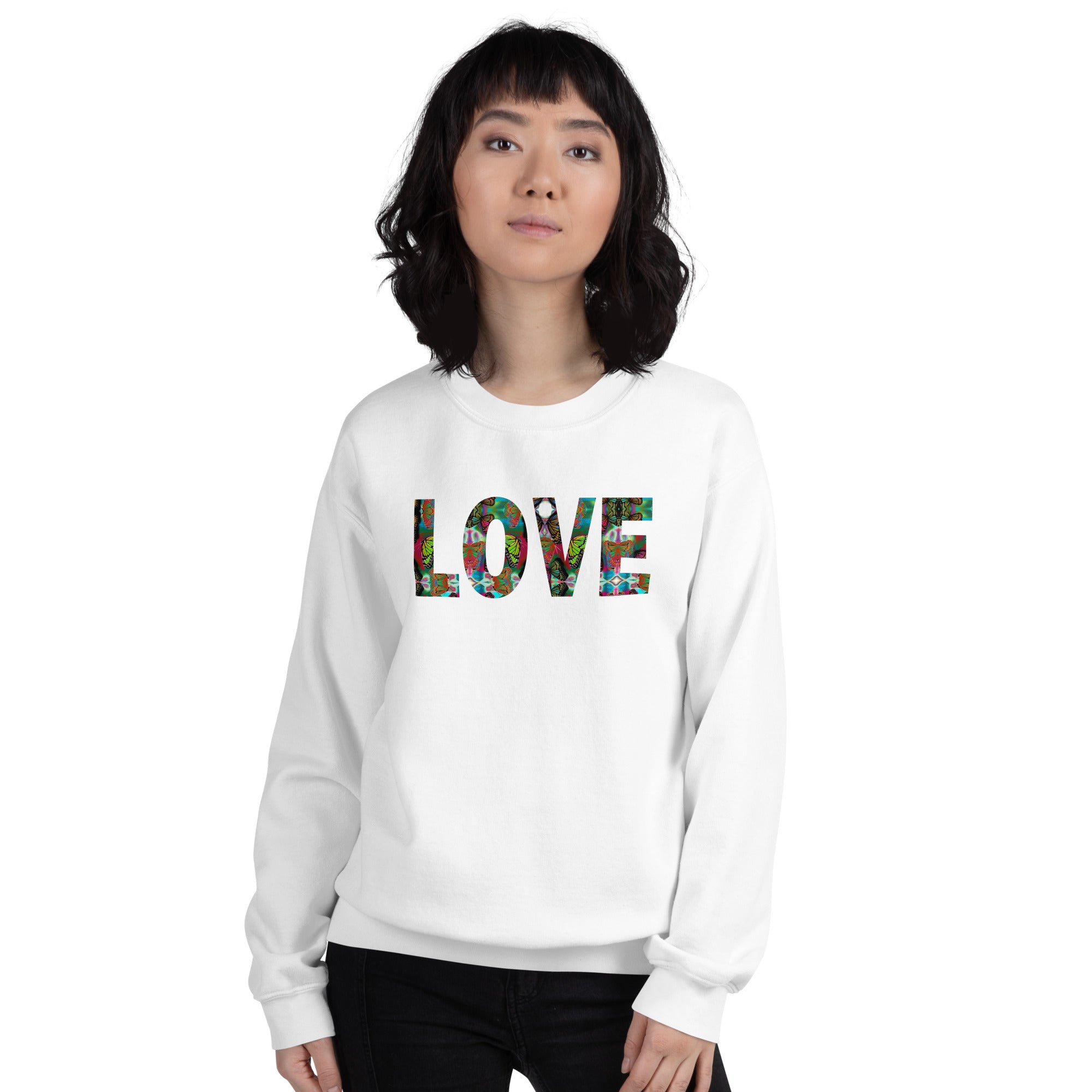 LOVE ~ Butterfly Word Art Crew Neck Graphic Sweatshirt, Women's Unisex Fleece Top