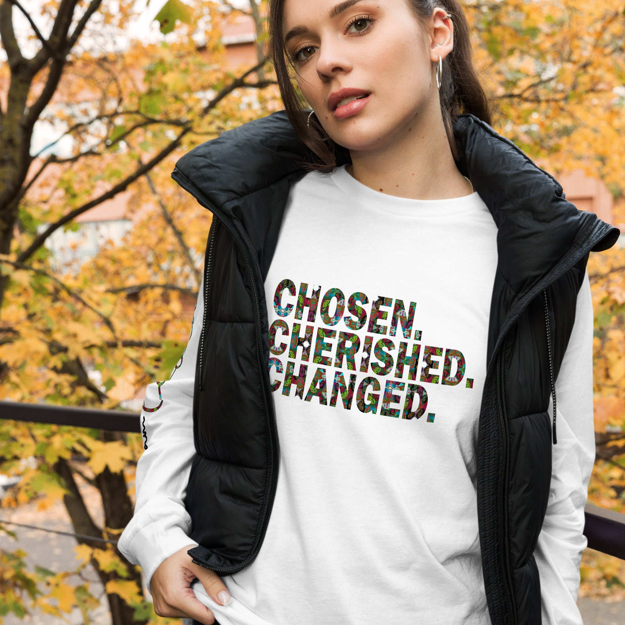 Chosen. Cherished. Changed. Butterfly Word Art Graphic Long Sleeve Tee