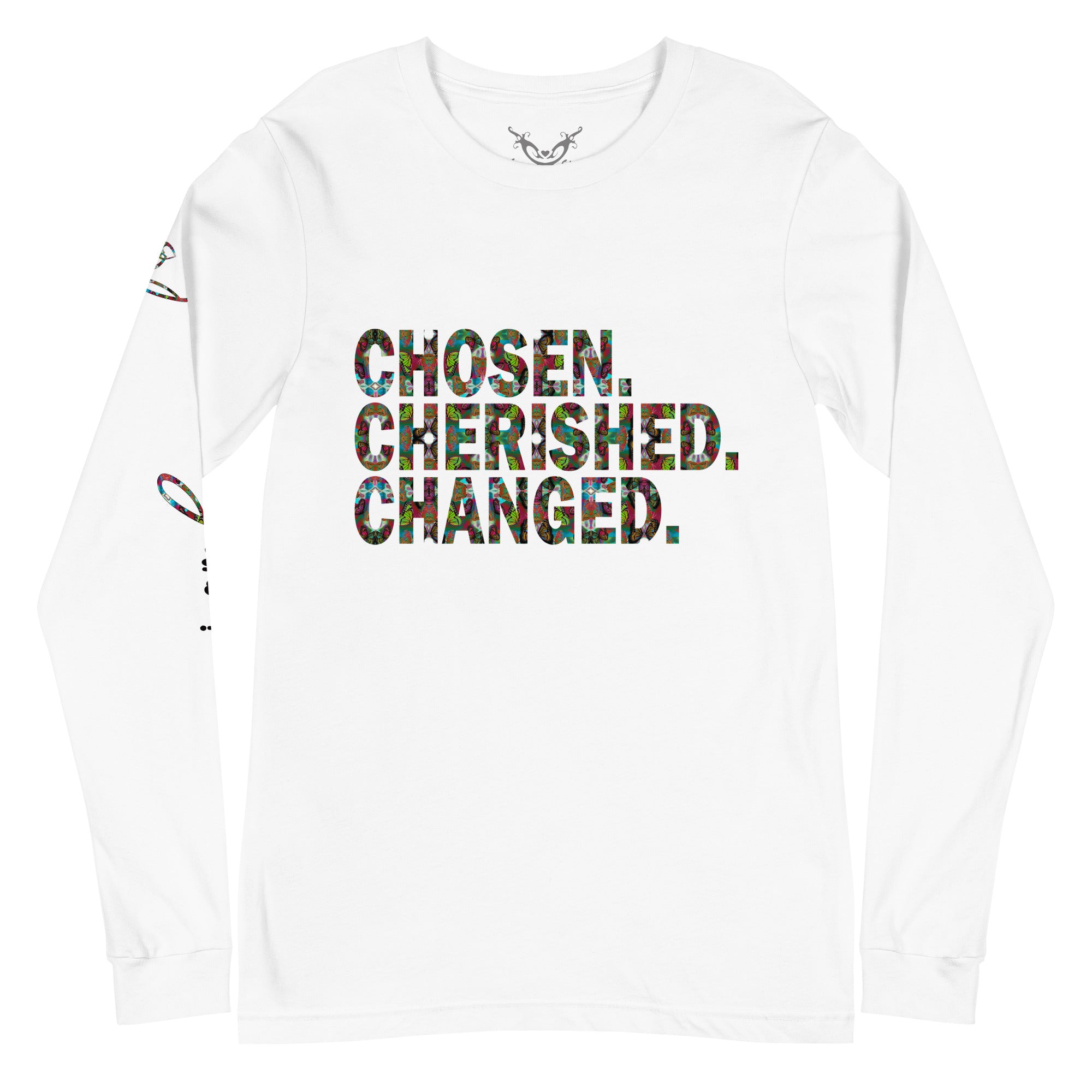 Chosen. Cherished. Changed. Butterfly Word Art Graphic Long Sleeve Tee