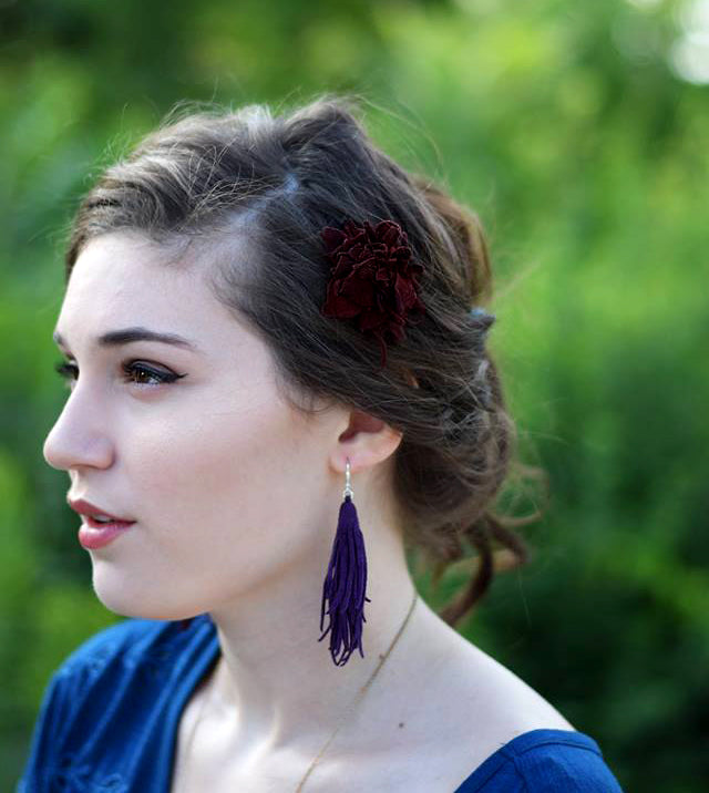 Abeba Leather Flower hairpin on model, burgundy