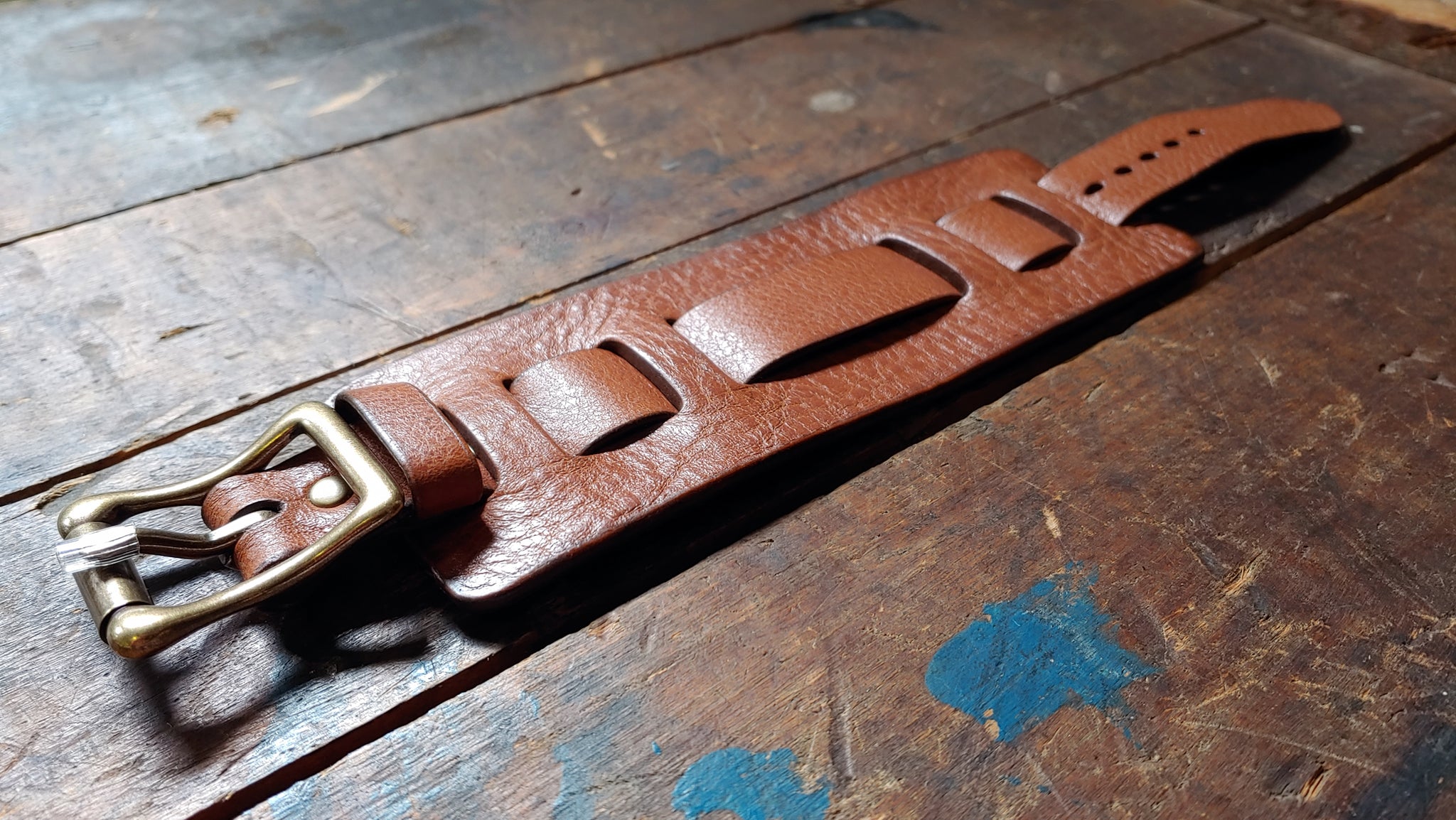 antique brass buckle on Extra Wide Bund Watchstrap for 48mm to 52mm watches 