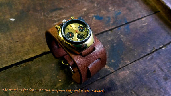 bund style military watch band featuring  a Citizens 8110 Bullhead like the one worn by Brad Pitt in the movie, "Once Upon a Time in Hollywood".
