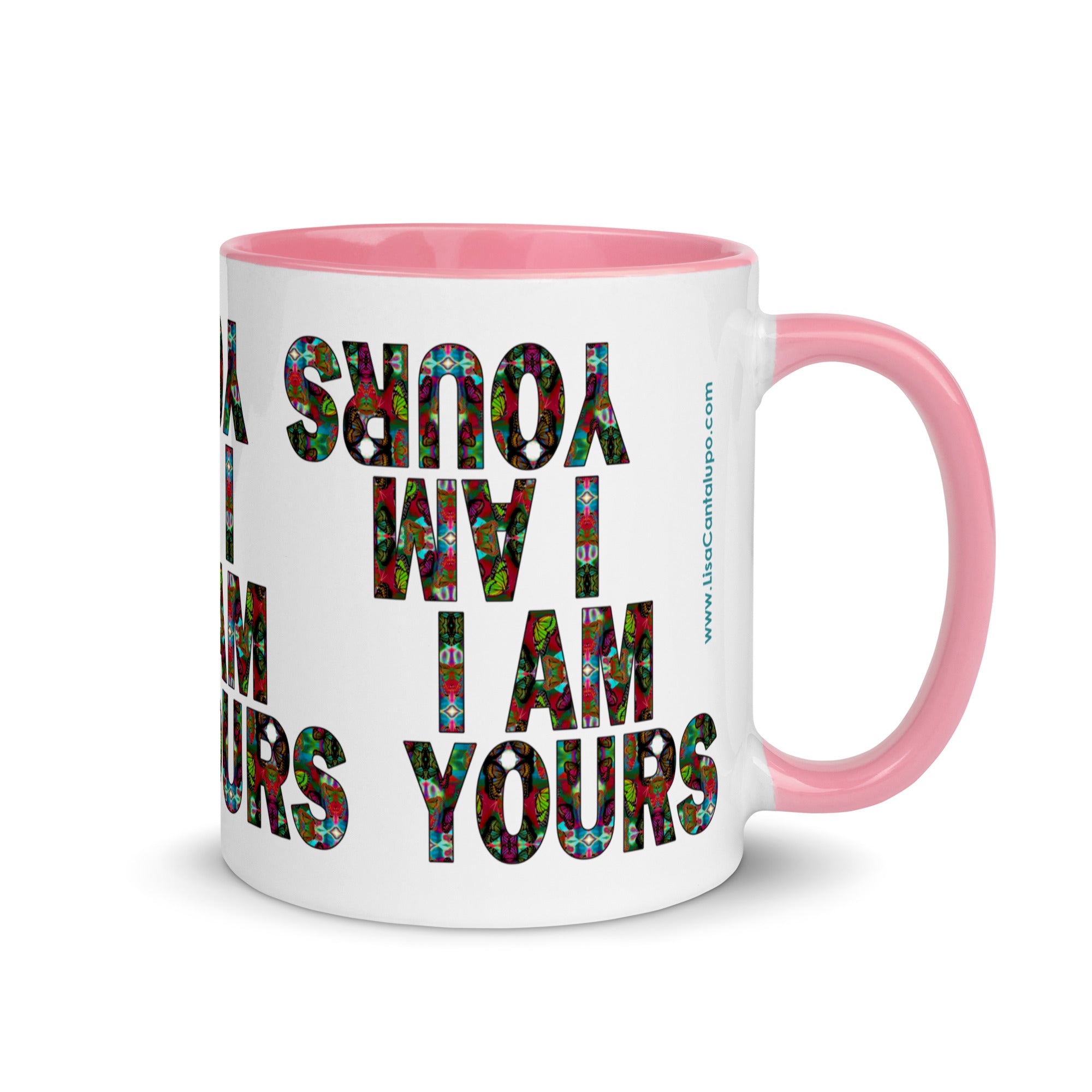 I am yours ~ LOVE ETERNAL Ceramic Mug; Colorful Butterflies Print, Red Handle Inside & Trim, Valentine's Day Gift