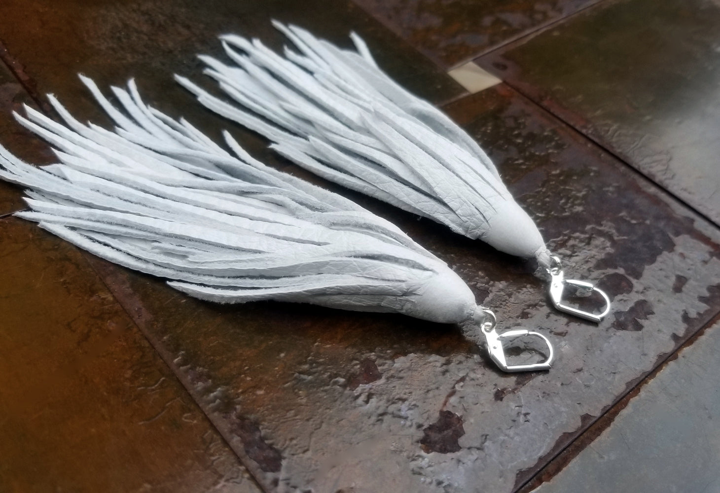tassel earrings, leather earrings, white deerskin tassels with silver lever back ear wires