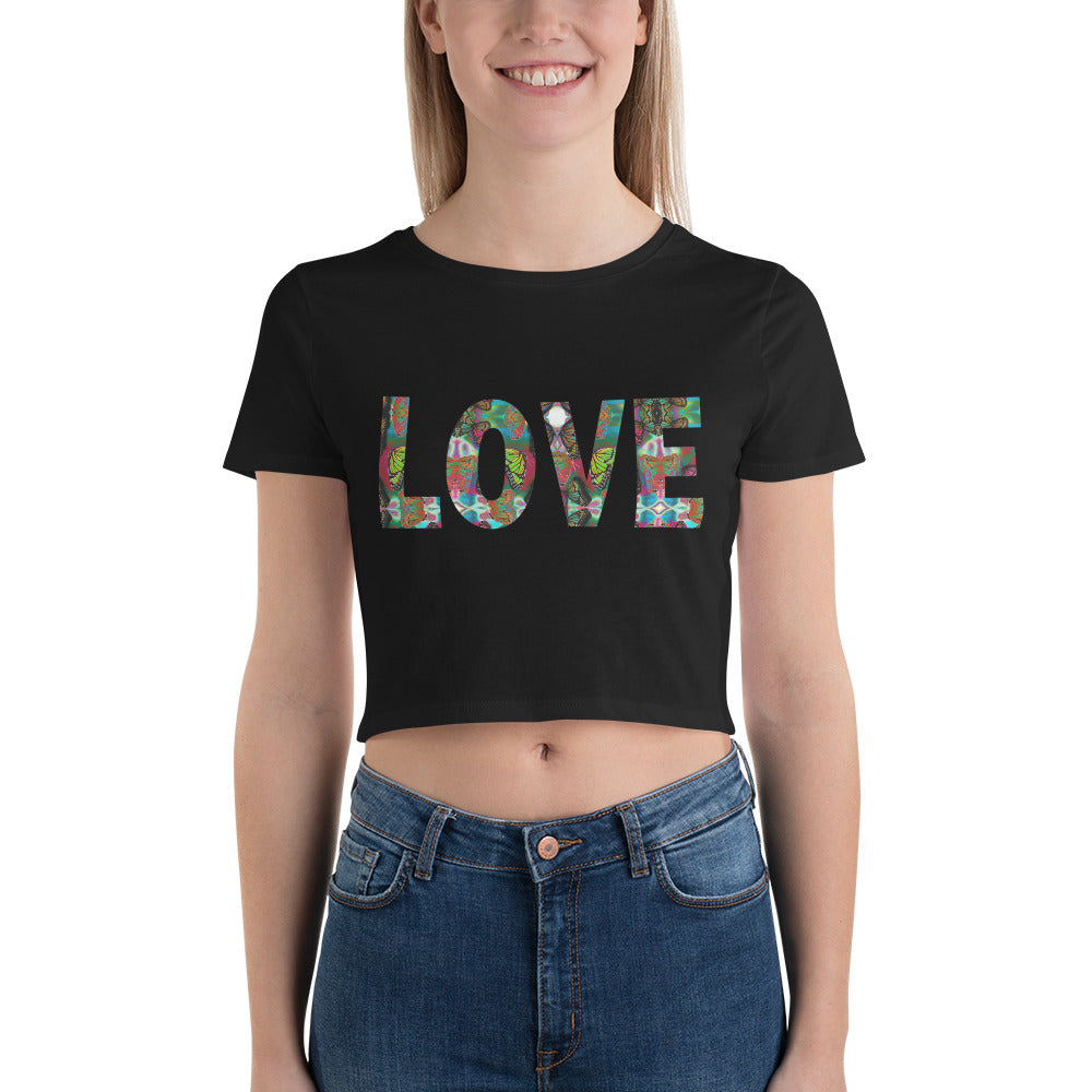 LOVE ~ Women’s Graphic Crop Tee, Butterfly Word Art Top, Black or White