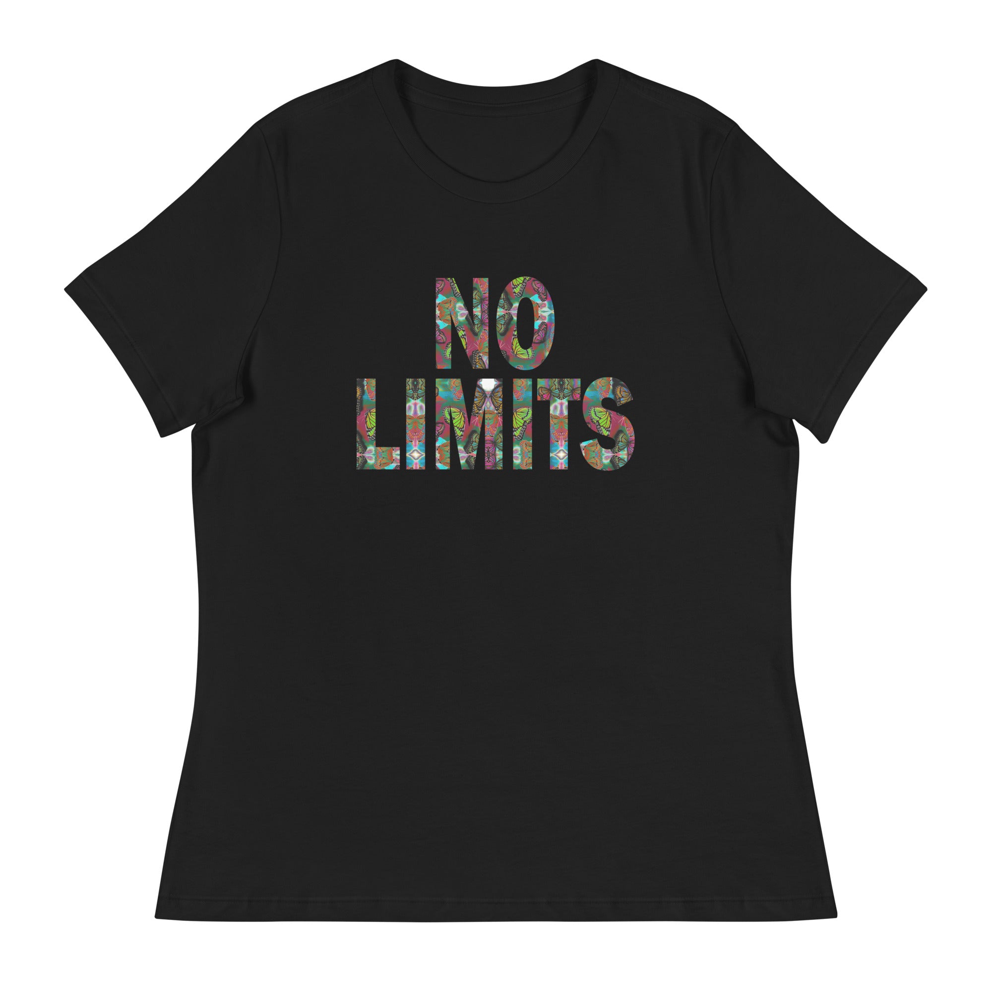 NO LIMITS ~ Women's Graphic T-Shirt, Butterfly Word Art Short Sleeve Top