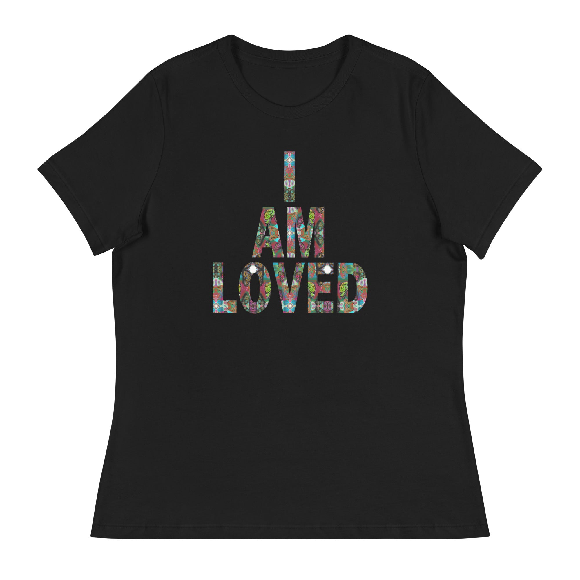 I AM LOVED ~ Women's Graphic T-Shirt, Butterfly Word Art Short Sleeve Top