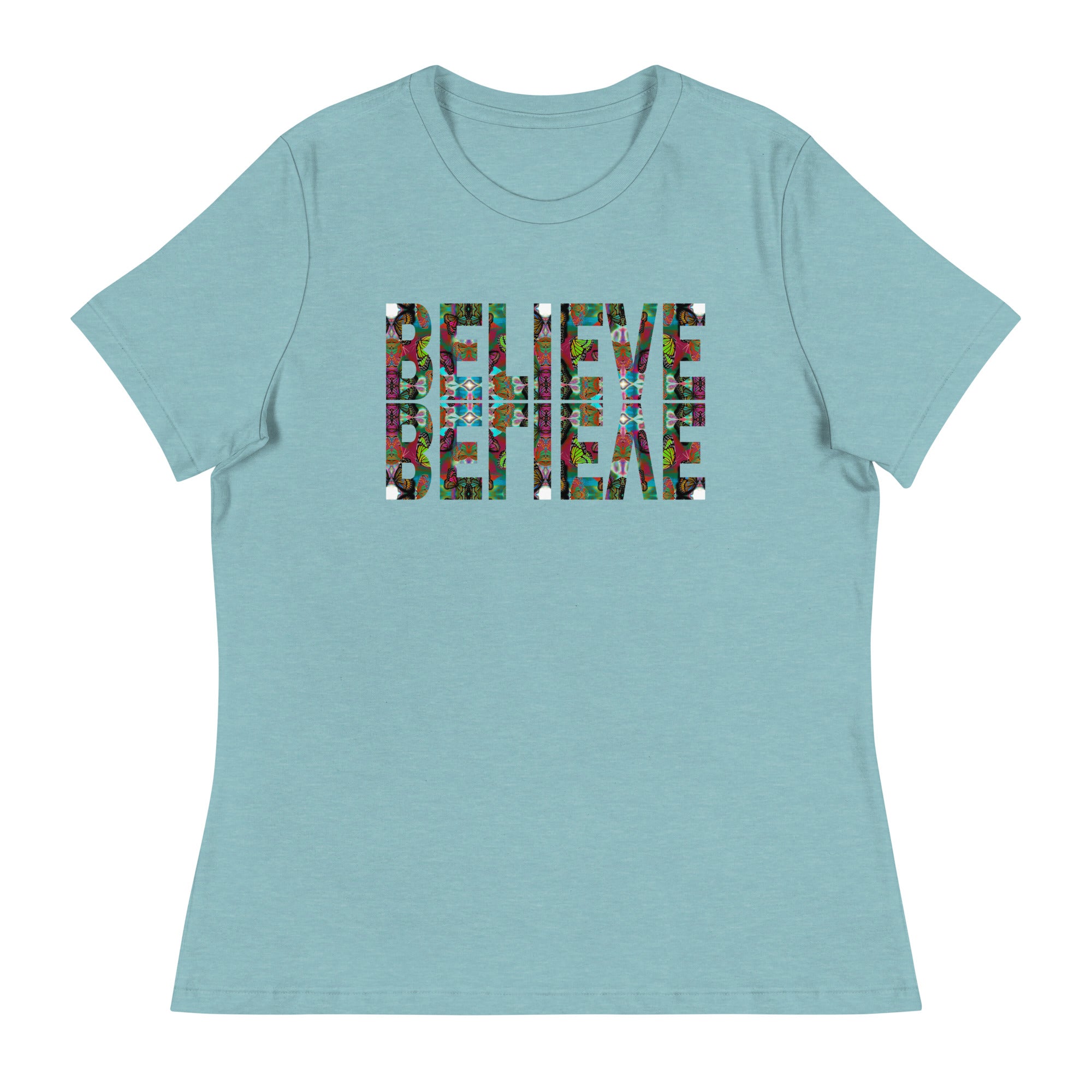 BELIEVE ~ Women's Graphic T-Shirt, Butterfly Word Art Short Sleeve Top