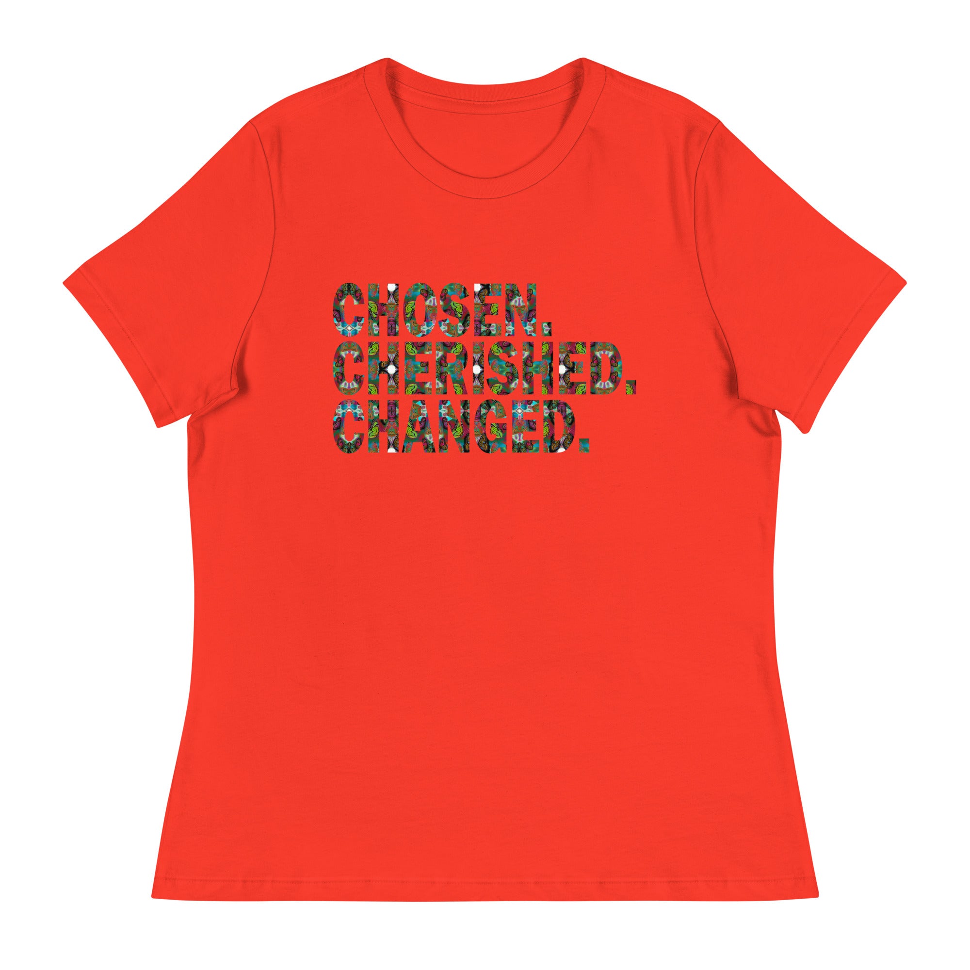 Chosen. Cherished. Changed. Women's Buttefly Word Art Graphic T-Shirt
