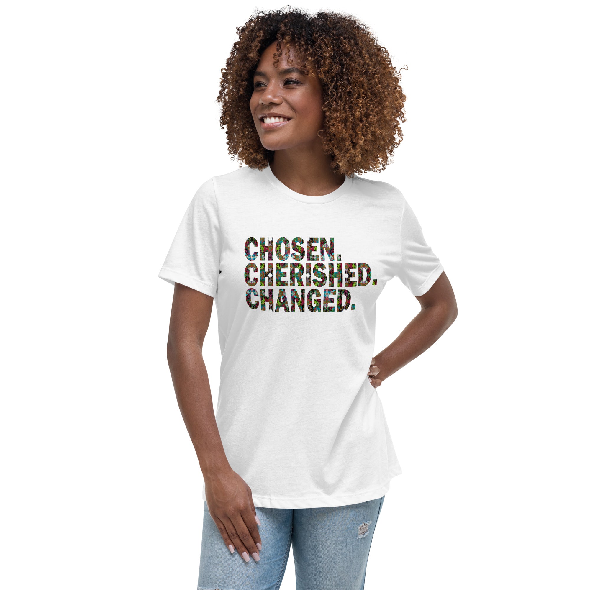 Chosen. Cherished. Changed. Women's Buttefly Word Art Graphic T-Shirt