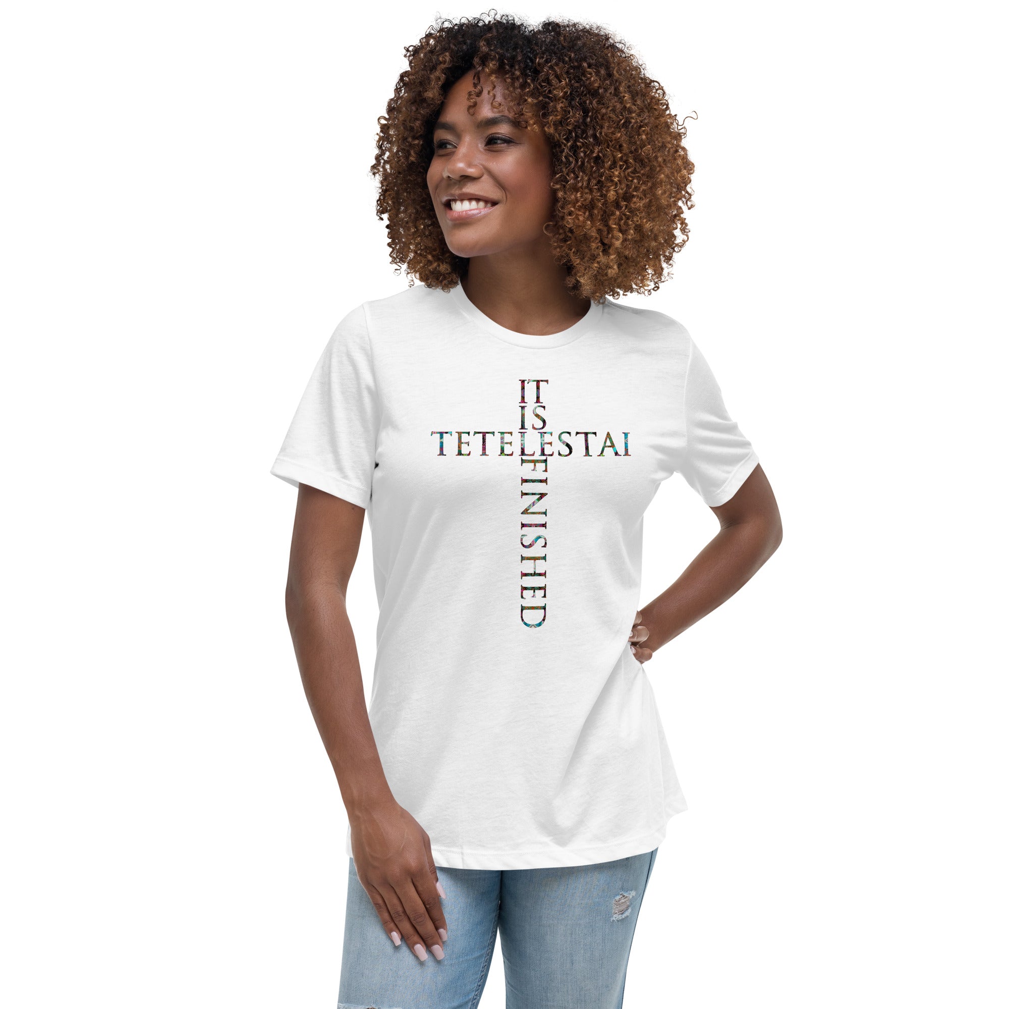 Tetelestai - It is Finished  ~ Butterfly Word Art Women's Graphic T-shirt, Short Sleeve Religious Spiritual Top