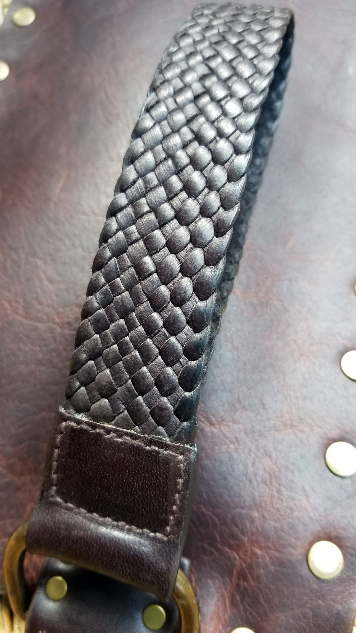 braided leather handle bracelet strap close up - carnela brown bison - wirstlet purse
