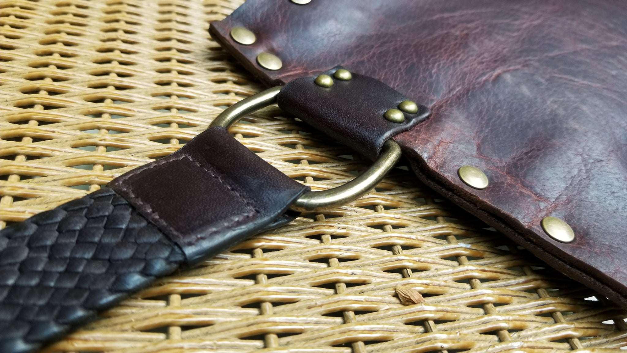 braided leather handle bracelet strap close up - carnela brown bison - wirstlet purse