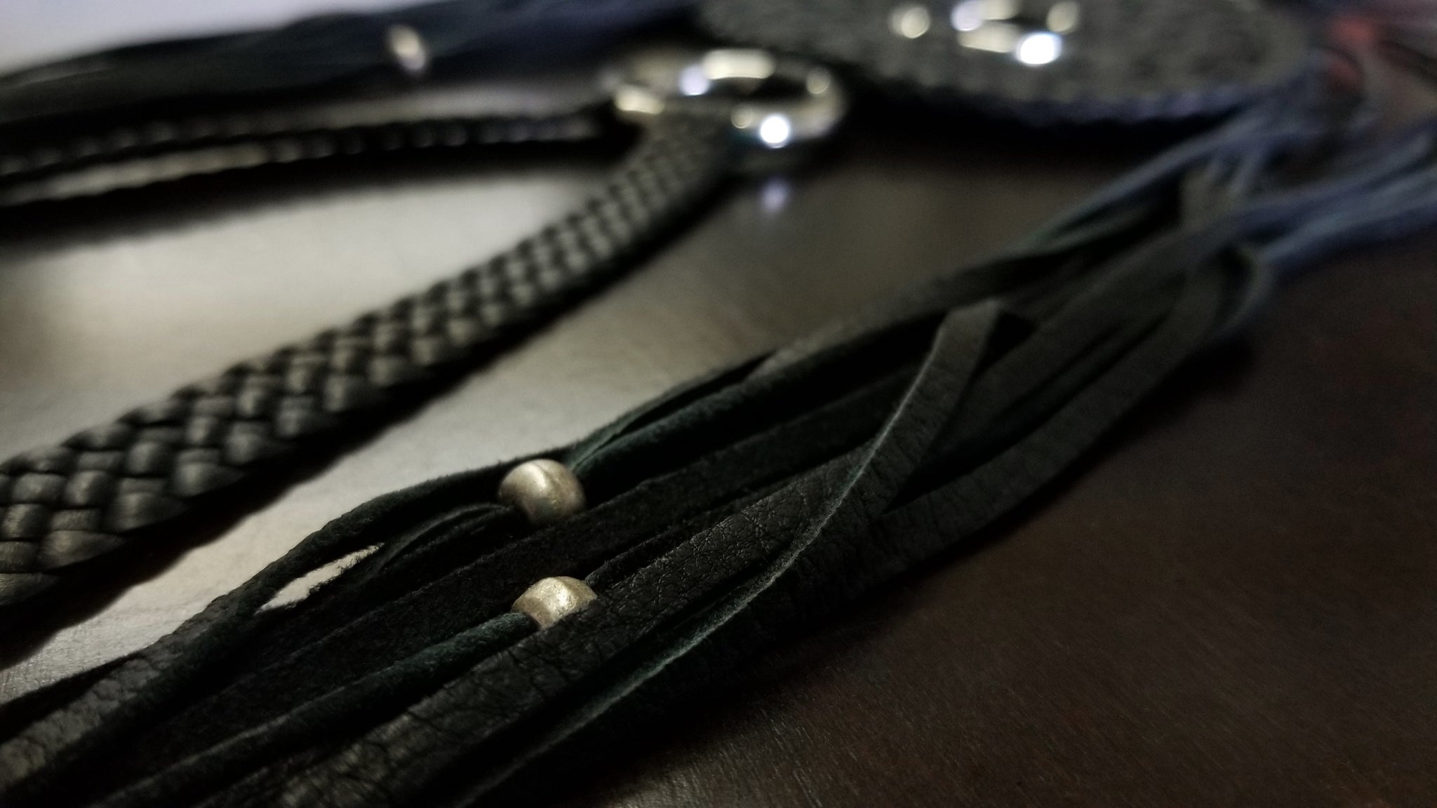 Zara Leather Necklace | Circular Basketweave Pendant Statement Neckpiece, black with silver rings