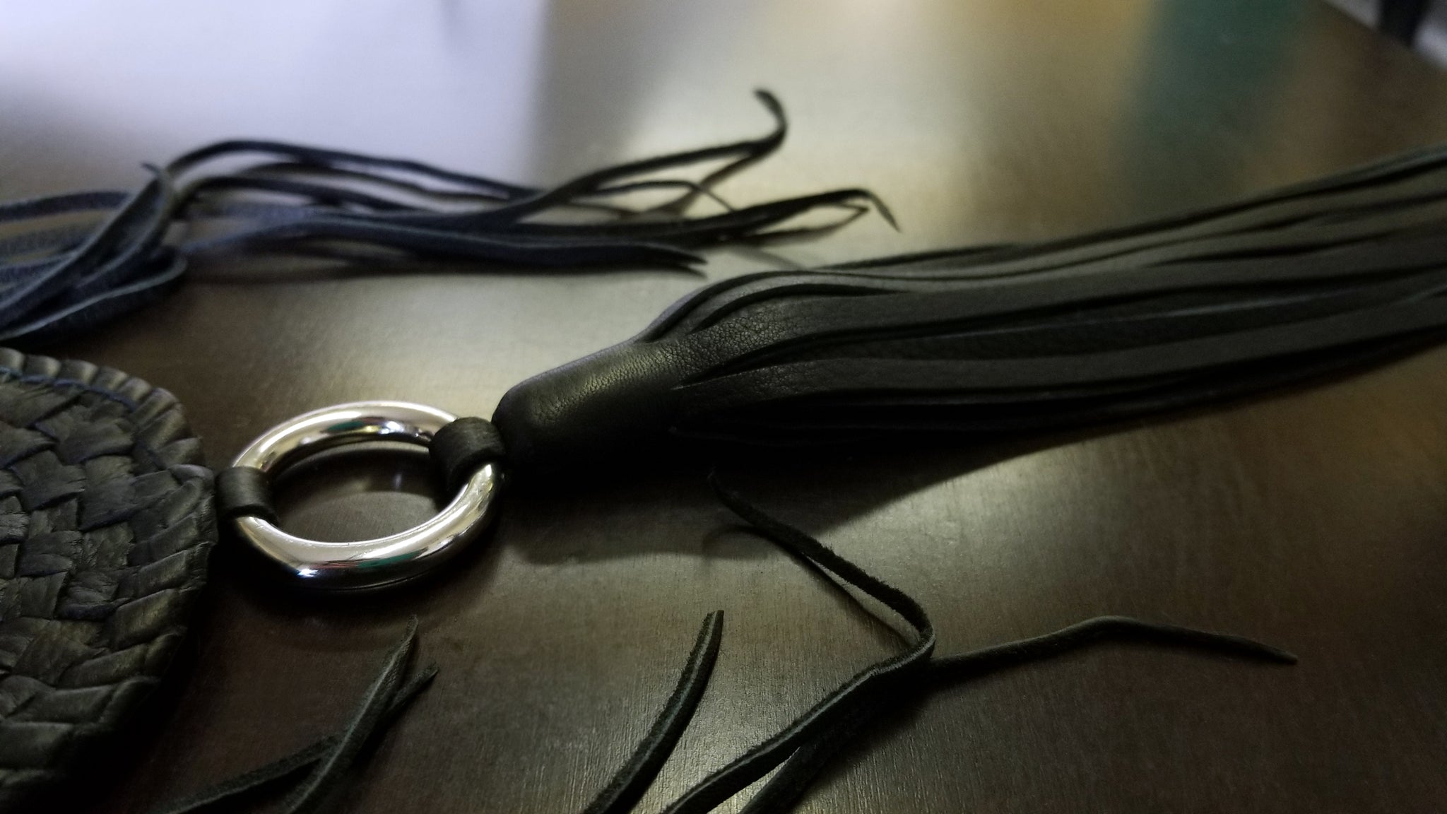 tassel on Zara Leather Necklace | Circular Basketweave Pendant Statement Neckpiece, black with silver rings