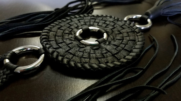 Zara Leather Necklace | Circular Basketweave Pendant Statement Neckpiece, black with silver rings