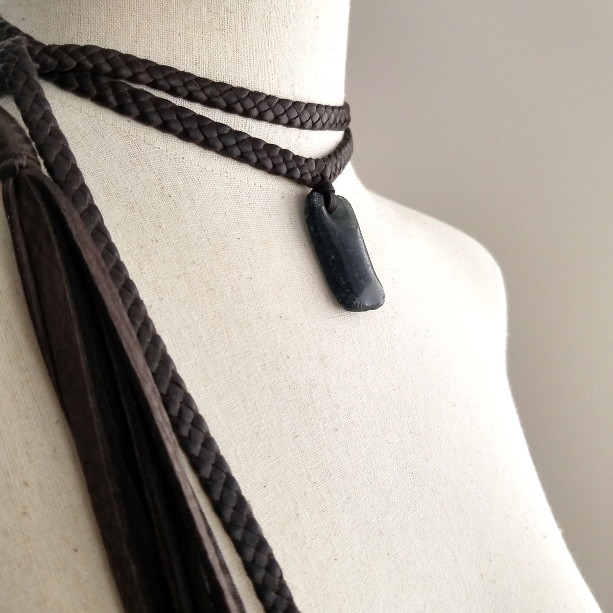 Charcoal African Glass Pendant Braided Leather Choker