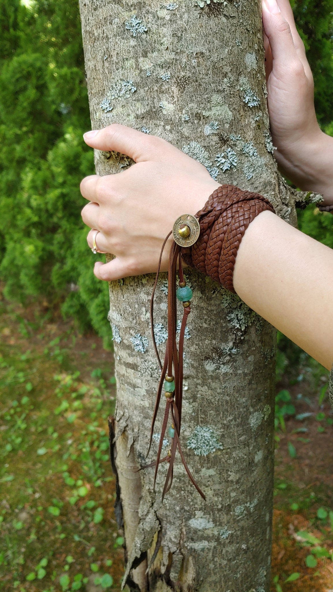 Zuna Braided Leather Wrap Bracelet, African Breads & Coin- SS1131