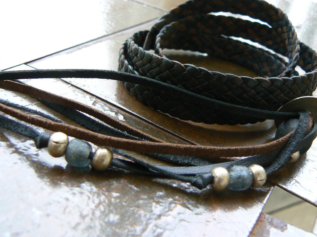 Zuna Wrap Bracelet in Black Chocolate Combo with Charcoal African Glass Bead and Silver Ethiopian Beads