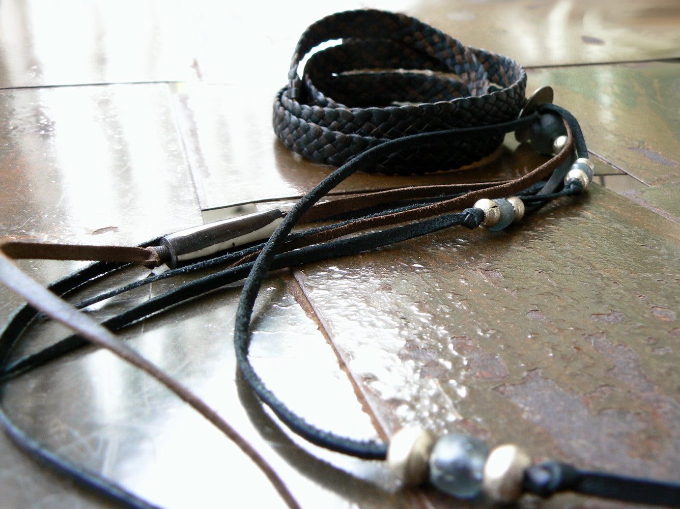 Zuna Leather Bracelet in Black Chocolate Combo with Charcoal African Glass Bead and Silver Ethiopian Beads