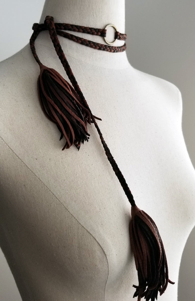 eternity necklace, choker style with leather tassel ends, bronze ring