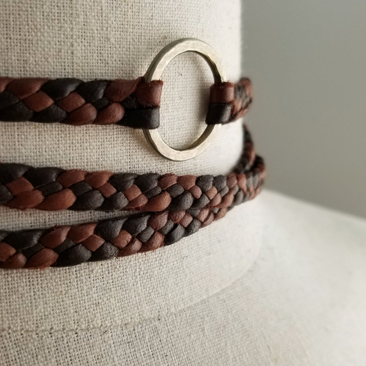 brown and black eternity necklace, braided leather choker necklace with antique bronze ring